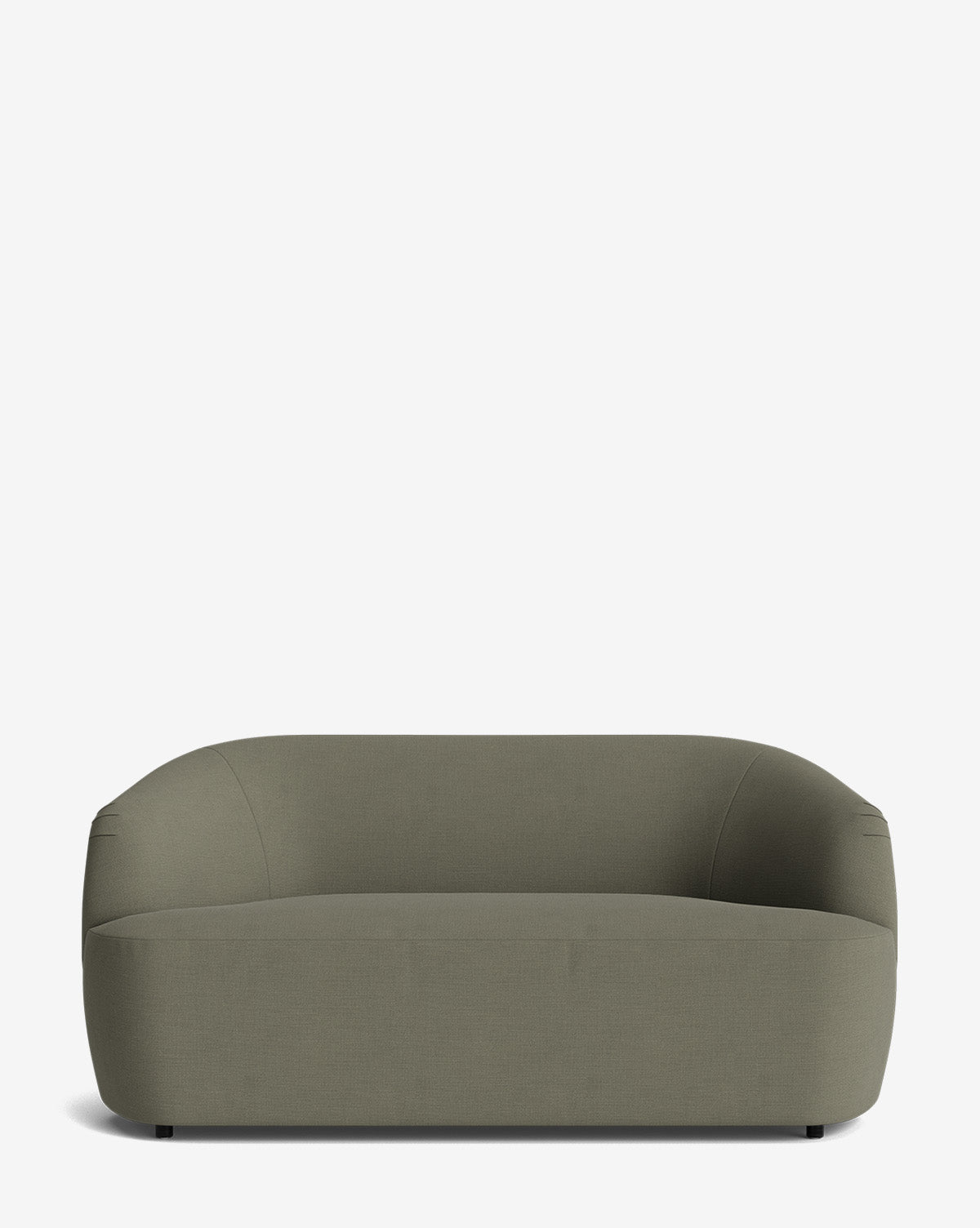 The Byron Settee 68 is a modern two-seater in olive green with rounded edges, a minimalist curved back silhouette, and smooth design—all presented against a plain white background, by McGee & Co.