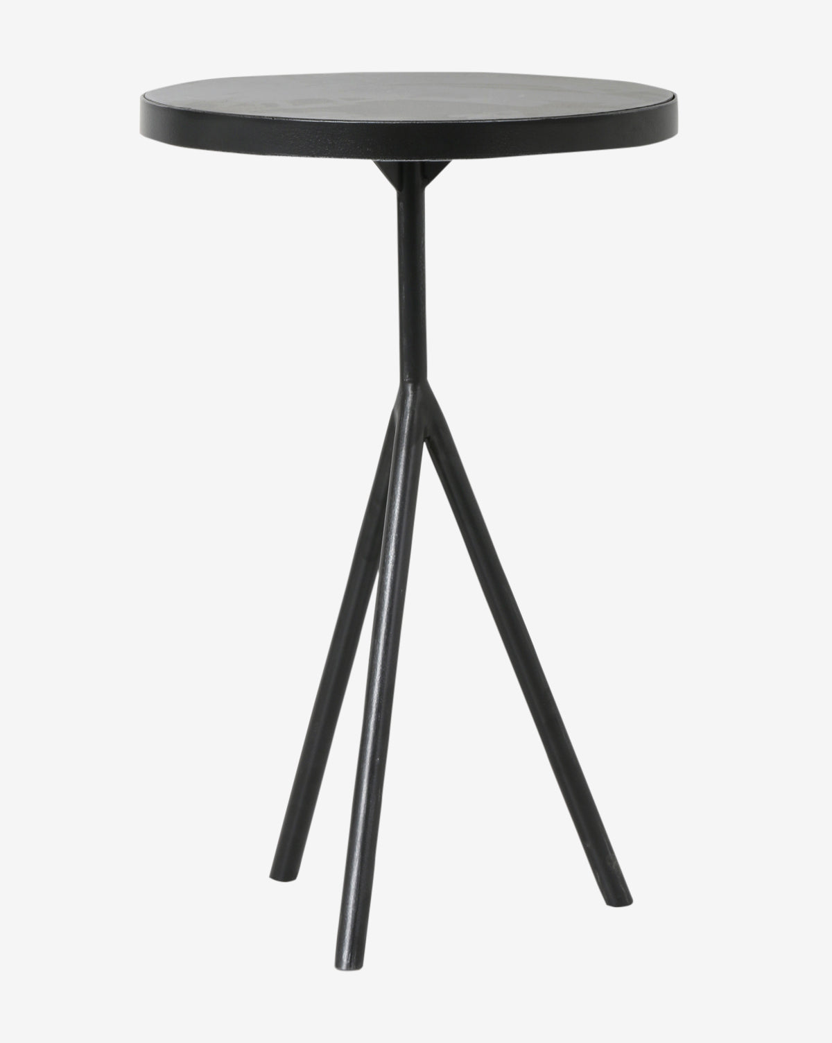 The Caleb Side Table is a sleek, round black metal table with a tripod base of three angled legs, ideal as a modern accent in any space.