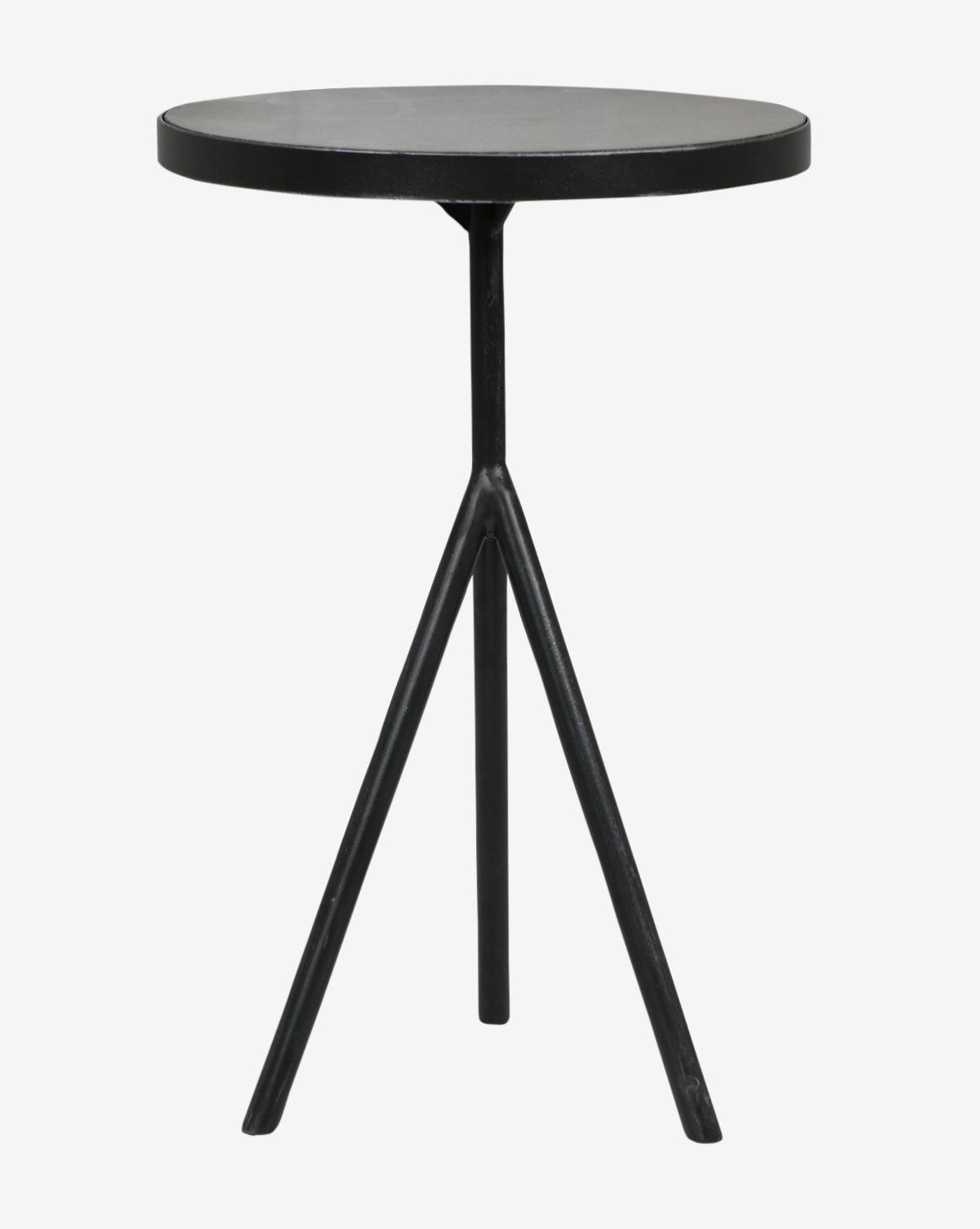 The Caleb Side Table is a compact, round, black table with a minimalist design, featuring a thin tabletop and modern tripod base with three angled legs joining at the center beneath the top.