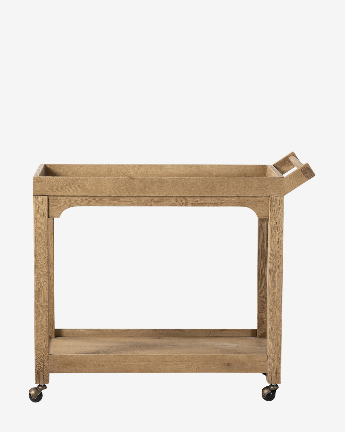 The Calliope Bar Cart features a rectangular wooden frame, two shelves, a side handle, and four caster wheels. Its simple, minimalist design is perfect for displaying your favorite hosting accessories, by McGee & Co.