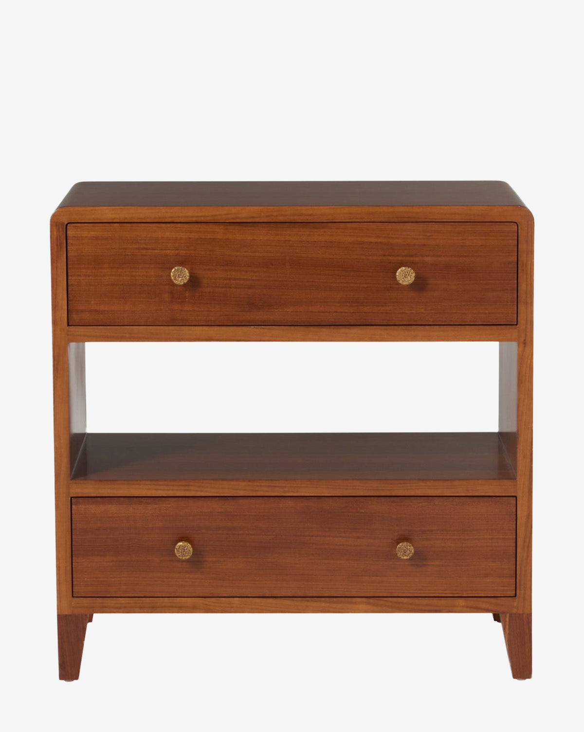 The Calperton Nightstand has a simple rectangular shape in warm brown teak veneer, two drawers with hammered brass pulls, and an open shelf for added storage, by McGee & Co.