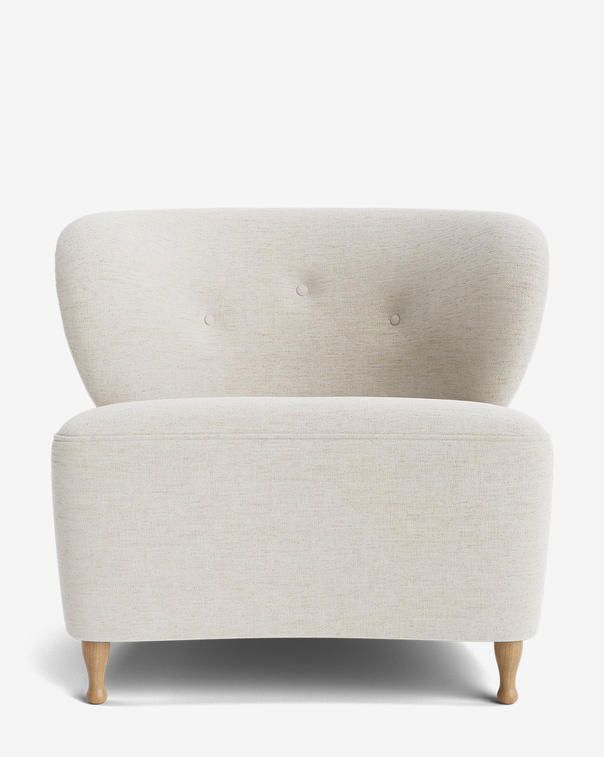 The Carmella Slipper Chair features modern design with light beige designer upholstery, a curved backrest with two buttons, and four short red oak legs, displayed against a white background by McGee & Co.