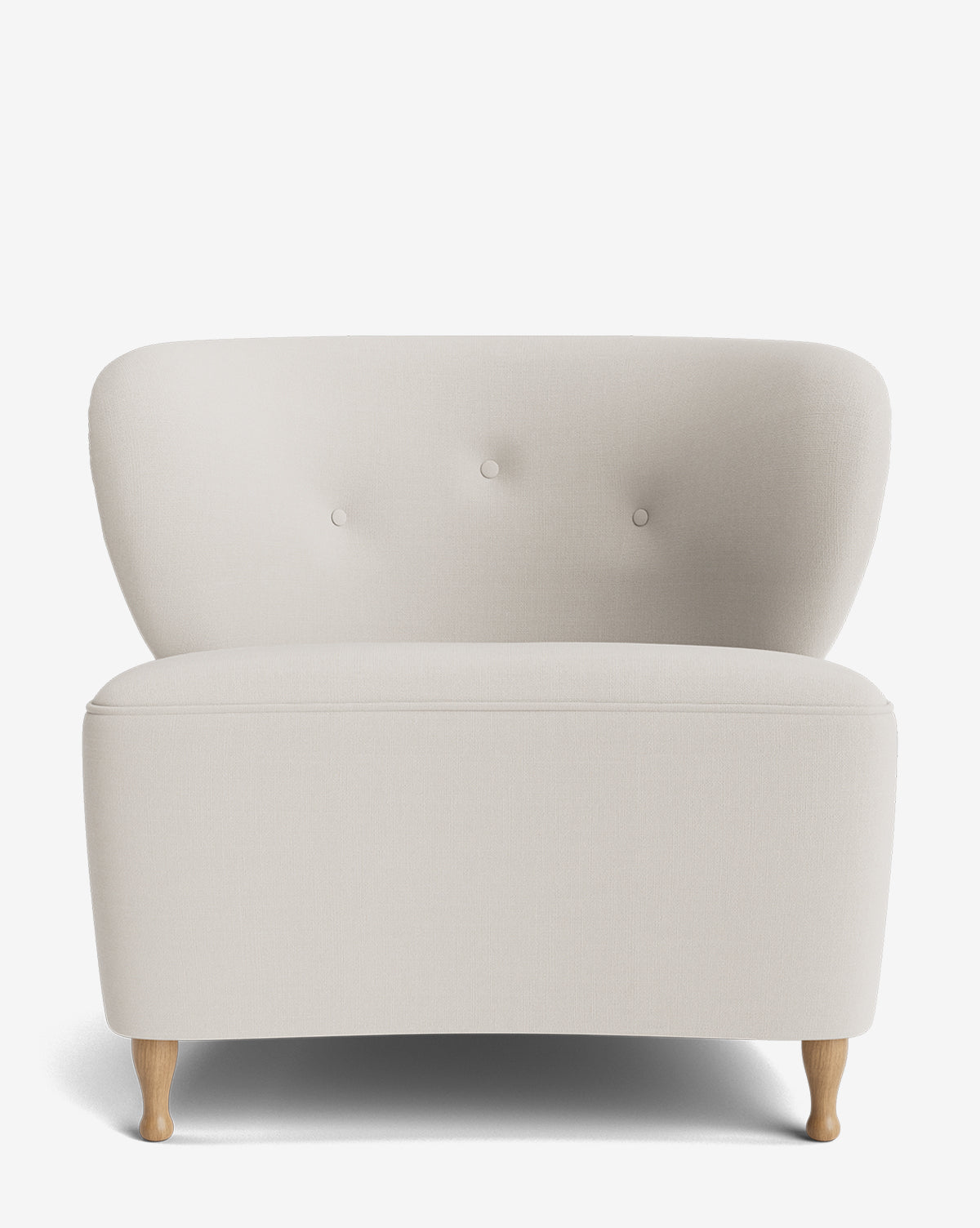 The Carmella Slipper Chair is a modern armless loveseat, upholstered in designer fabric with three button tufts on its curved backrest and short red oak legs, by McGee & Co.