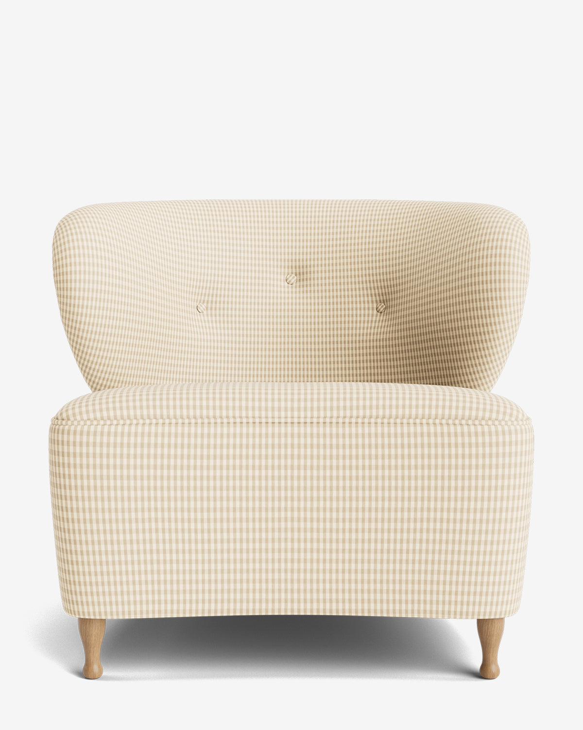 The Carmella Slipper Chair features beige and white gingham designer upholstery, a curved backrest, button tufting, and light red oak legs, shown against a white background by McGee & Co.
