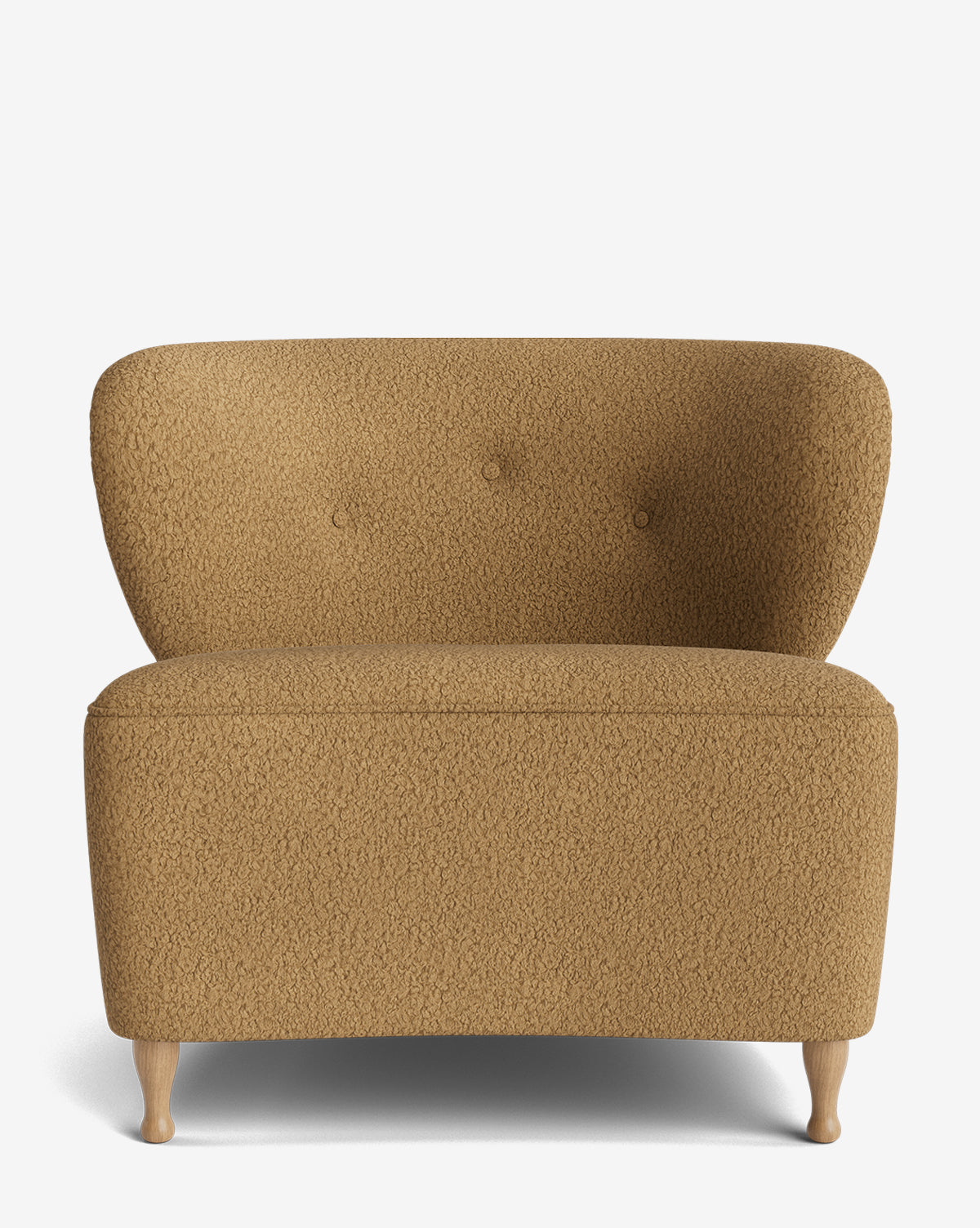 The Carmella Slipper Chair features textured caramel designer upholstery, red oak legs, and three buttons on the backrest, shown against a plain white background by McGee & Co.