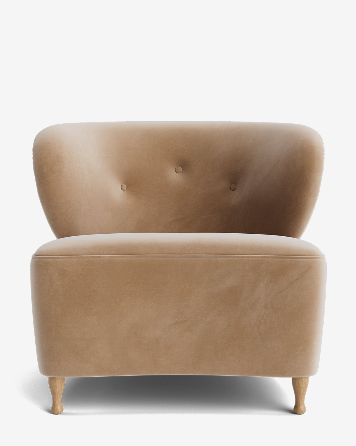 The Carmella Slipper Chair is a tan, modern velvet chair featuring a rounded backrest, three button tufts, and light red oak legs, shown against a plain white background by McGee & Co.