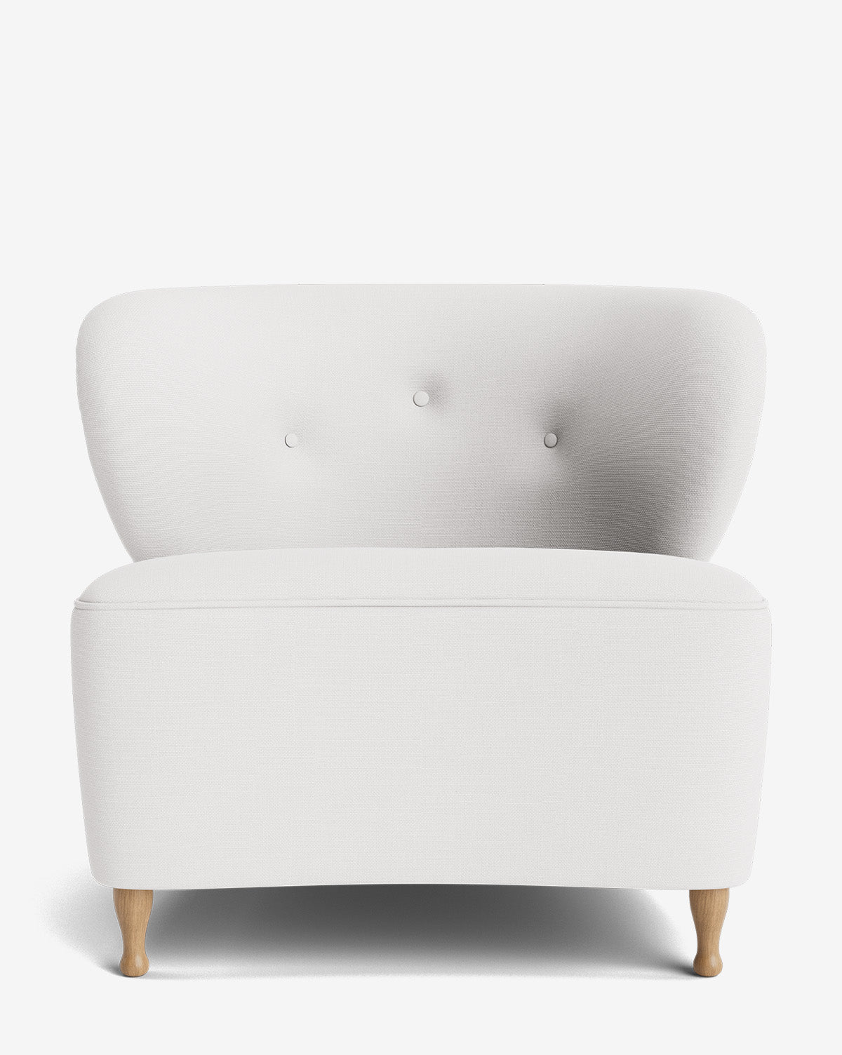 The Carmella Slipper Chair is a modern, armless white chair with a curved backrest featuring three buttons and light red oak legs, displayed against a plain white background by McGee & Co.