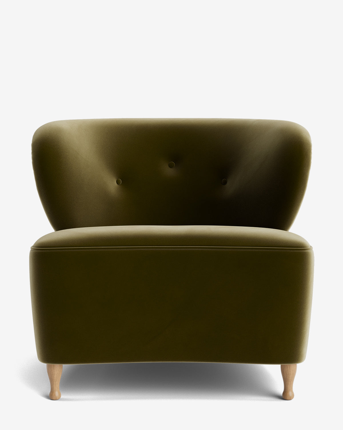 The Carmella Slipper Chair features olive green velvet upholstery, a curved backrest with three button tufts, and red oak legs, pictured against a plain white background by McGee & Co.