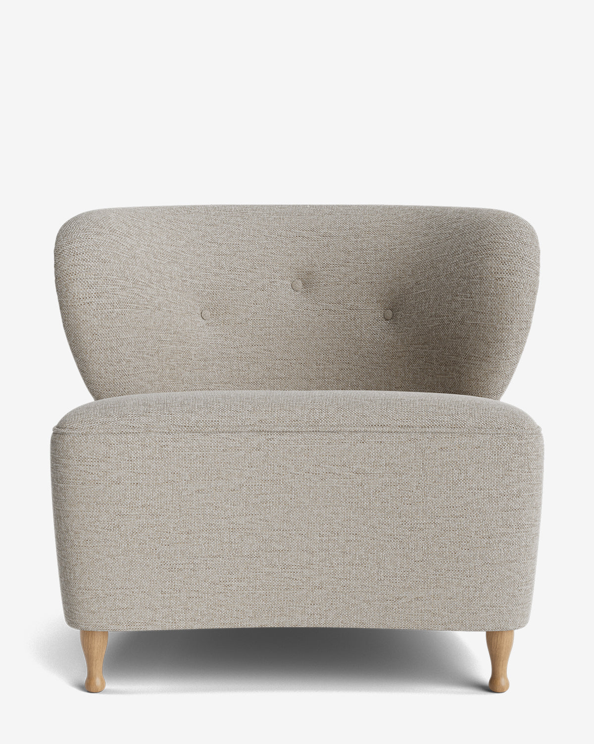 The Carmella Slipper Chair features light gray designer upholstery, a rounded three-button backrest, and short red oak legs, displayed against a plain white background by McGee & Co.