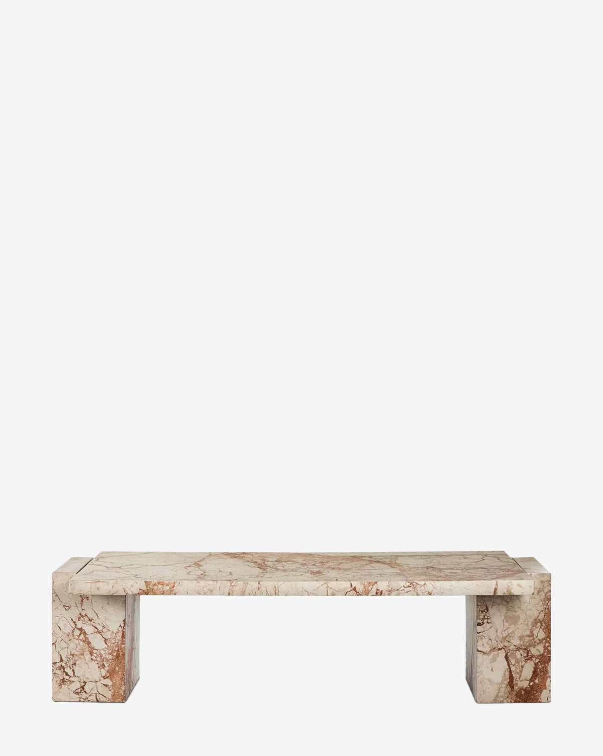 The Cassara Coffee Table is a rectangular solid marble piece with a smooth surface, sturdy block legs, and natural beige and reddish-brown veining, shown against a plain white background by McGee & Co.
