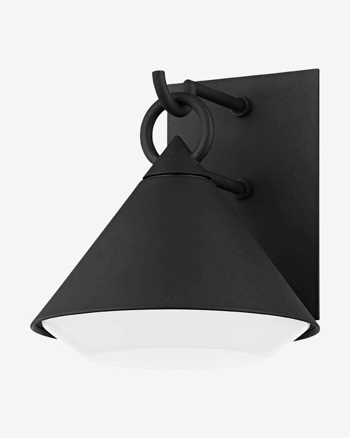 The Catalina Outdoor Sconce by Troy Lighting features a modern black conical shade, circular accent, and rectangular backplate with a white diffuser for an industrial look—ideal for contemporary spaces. McGee & Co.