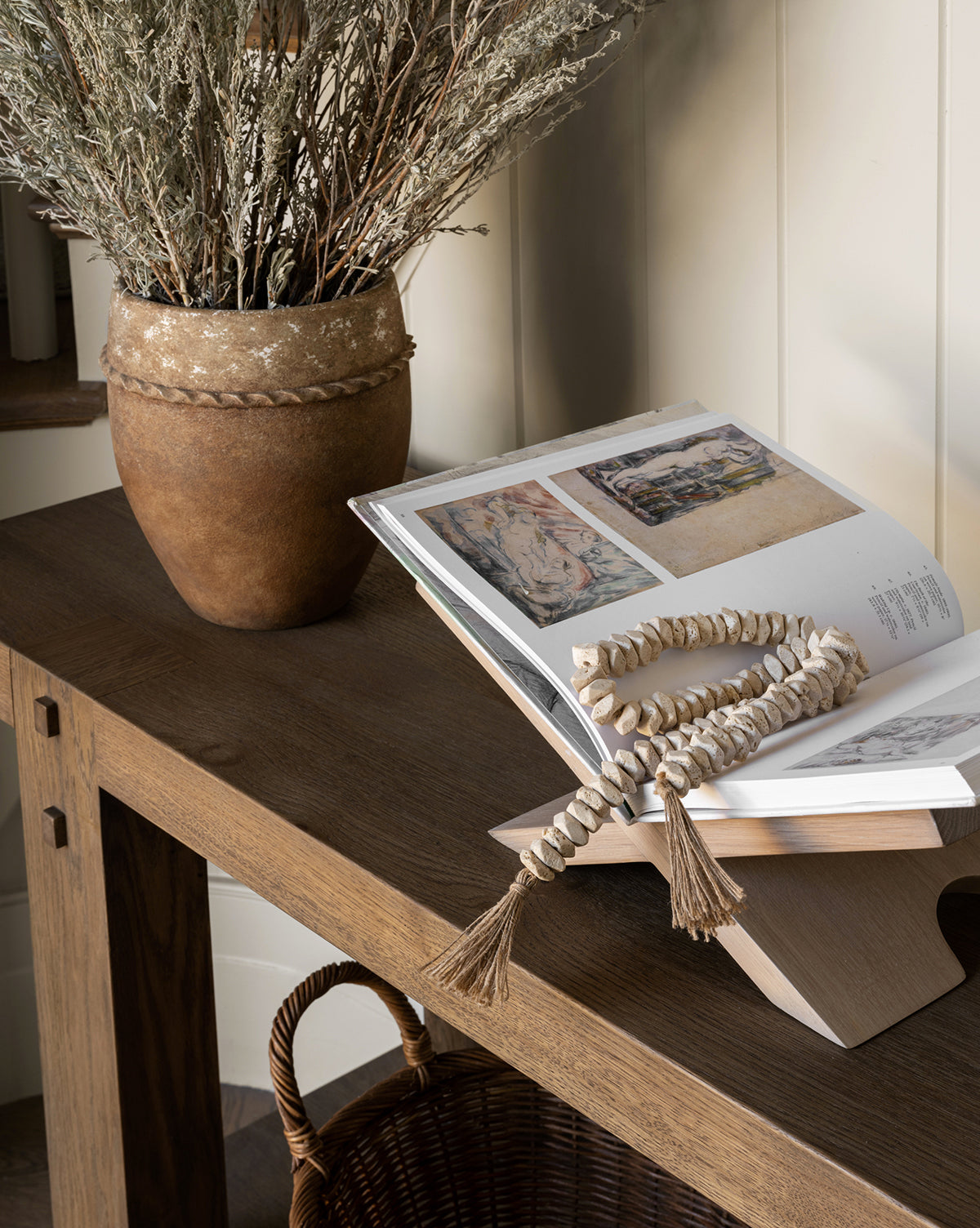 Landis Planter in aged matte ceramic glaze, styled on a console table with greenery, from McGee & Co.