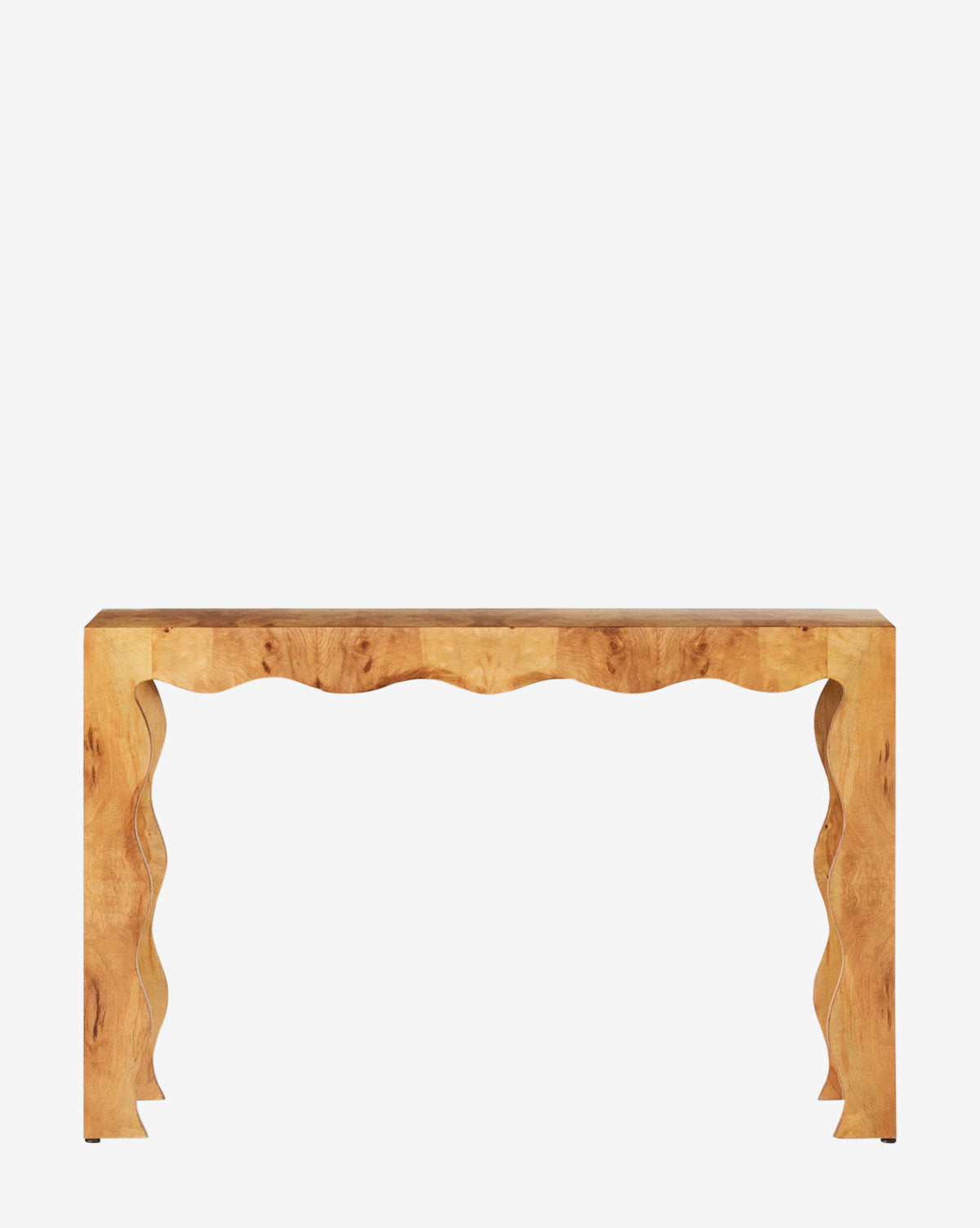 The Celeste Console features a light olive ash veneer and modern design with wavy, scalloped edges on its apron and legs, displayed against a plain white background by McGee & Co.