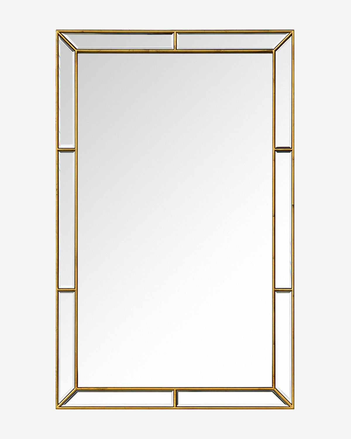 The Celine Mirror is a rectangular wall mirror with beveled glass and a burnished gold leaf frame, featuring geometric segmented edge detailing for a modern, minimalist look by McGee & Co.