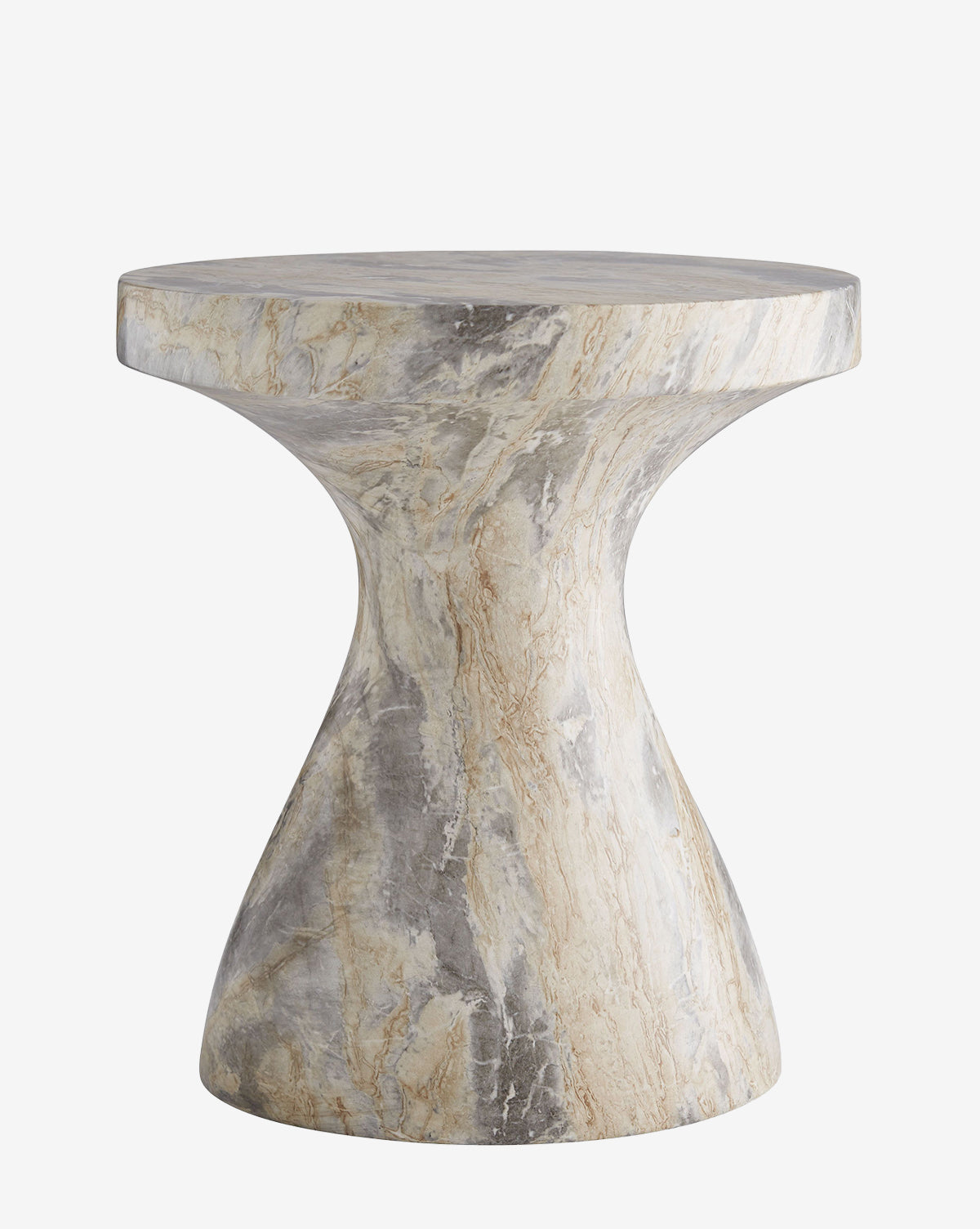 The Chance Accent Table features a small, round top and smooth hourglass base crafted from lightweight concrete with a marble-like finish showcasing gray, beige, and white veining for a stylish accent piece by McGee & Co.