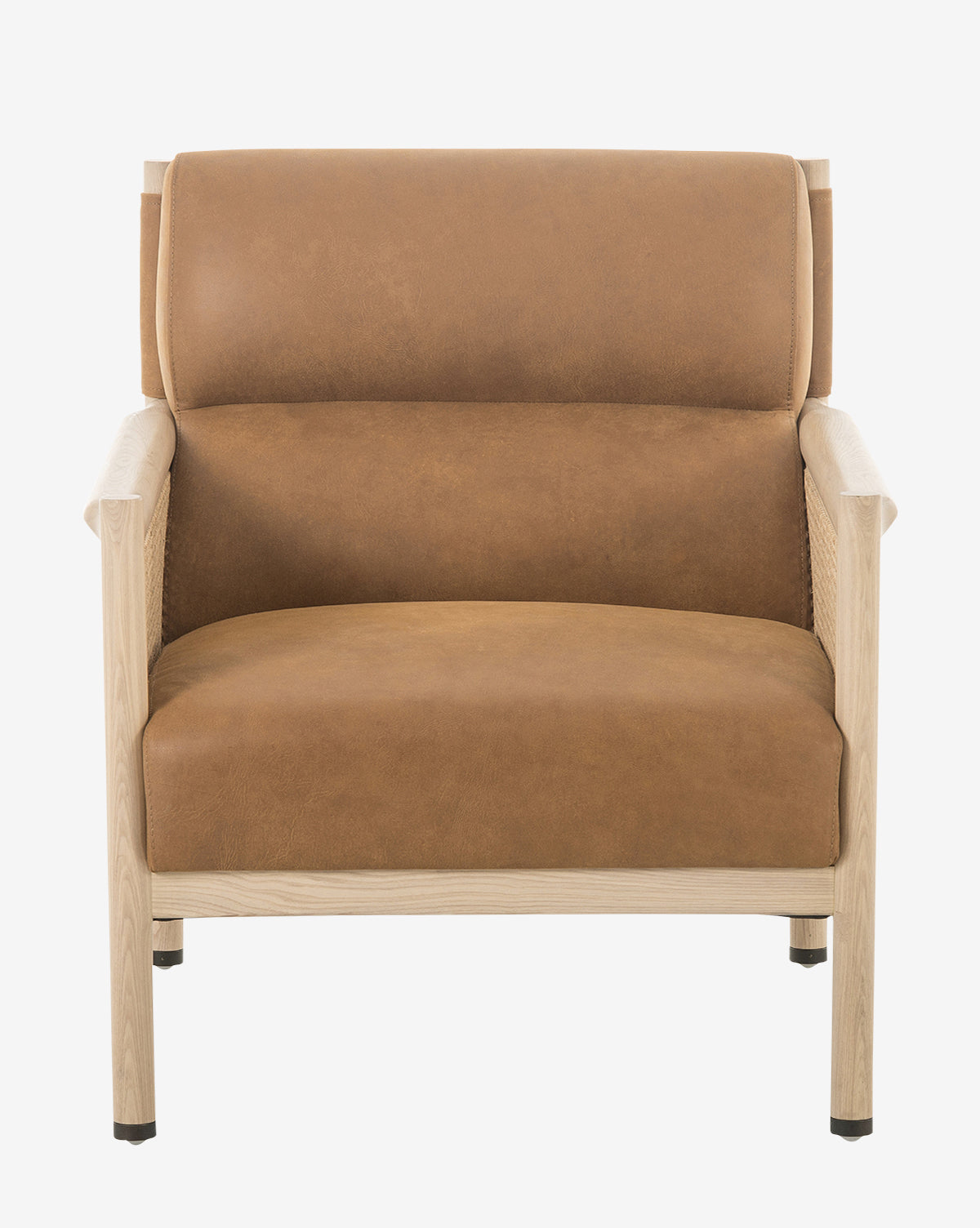 The Channing Lounge Chair showcases a modern Parisian design with a light wood frame and legs, plus a high-performance tan brown upholstered seat and backrest, pictured on a plain white background by McGee & Co.