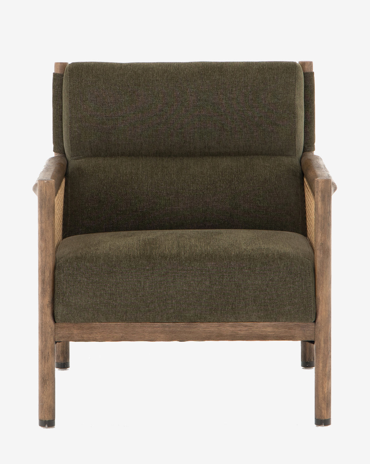Front view of the Channing Lounge Chair, showcasing Parisian-inspired design with a dark olive-green high-performance upholstered seat, wooden frame, and woven cane side panels, set against a plain white background by McGee & Co.