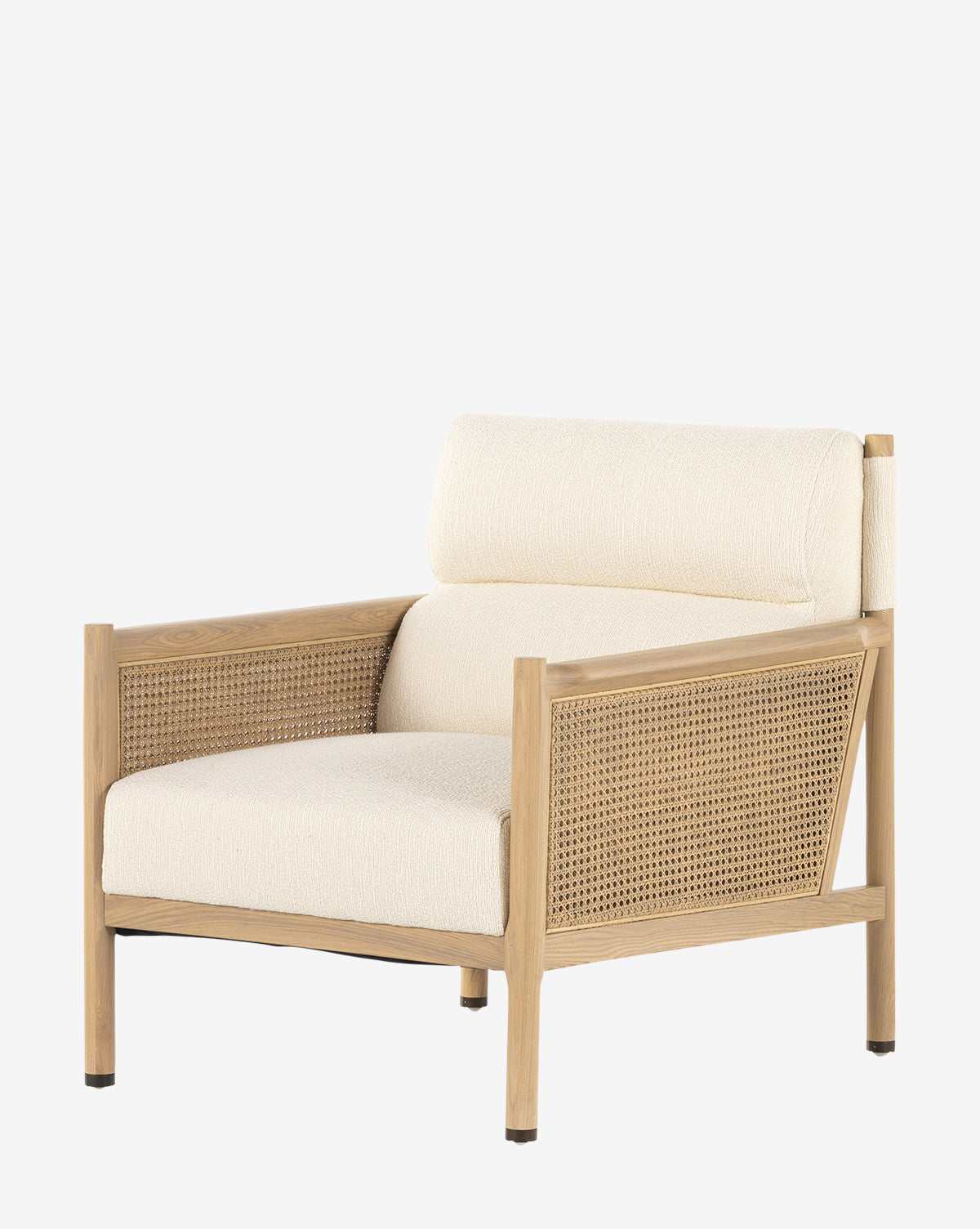 The Channing Lounge Chair features a light wood frame, woven rattan sides, and plush high-performance upholstered seat and back cushions, shown on a plain white background by McGee & Co.