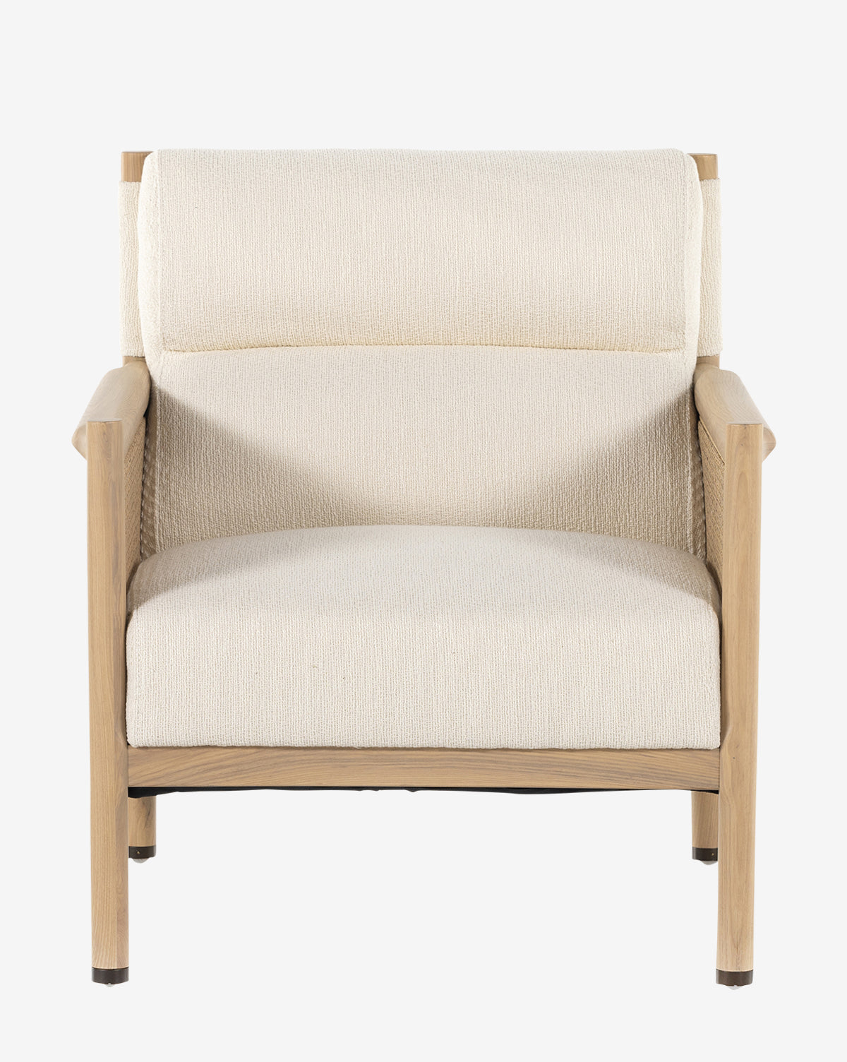 Front view of the Channing Lounge Chair, showcasing its upholstered seat and backrest with a light wood frame, inspired by Parisian design, set on a white background by McGee & Co.