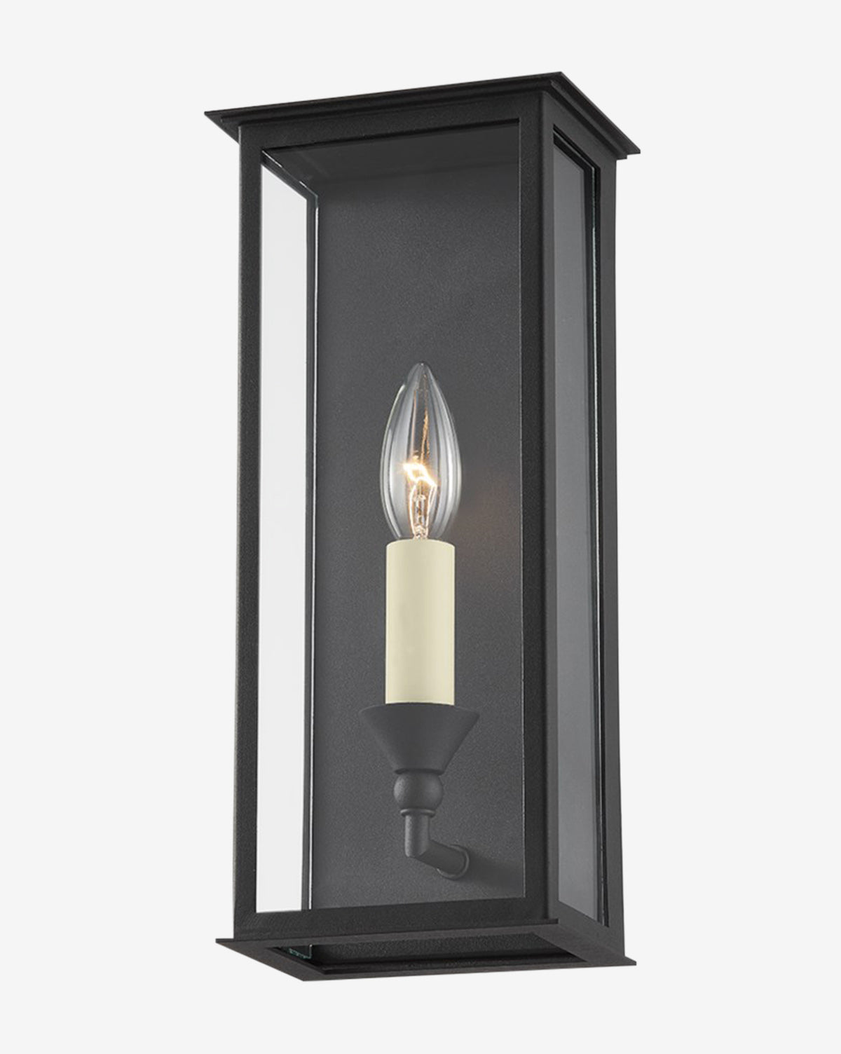 The Chauncey Sconce by Troy Lighting is a black rectangular wall fixture featuring clear glass panels and a single candelabra bulb, mounted vertically. McGee & Co.