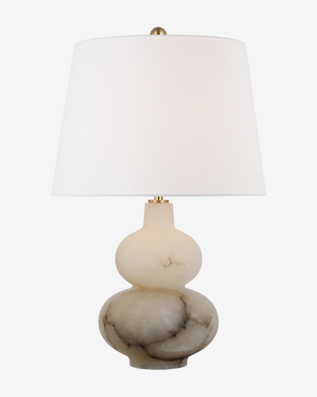 The Ciccio Table Lamp boasts a double-gourd-shaped, marbled white and gray alabaster base, finished with a linen shade and gold finial, all set against a plain white background by McGee & Co.