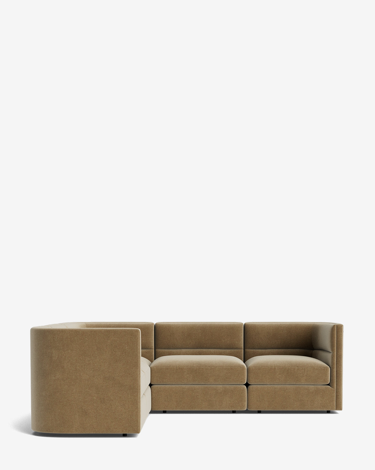 The Claremont Modular L Sectional 99 by Makerspalm features a brown, modern design with low backs, wide seats, and soft customizable upholstery, shown against a plain white background. McGee & Co.