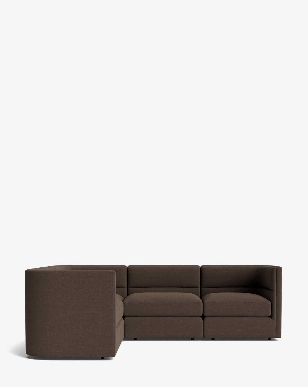 A modern, dark brown Claremont Modular L Sectional 99 featuring clean lines and low-profile backrests sits against a white background—a customizable fabric sectional perfect for contemporary spaces, by McGee & Co.