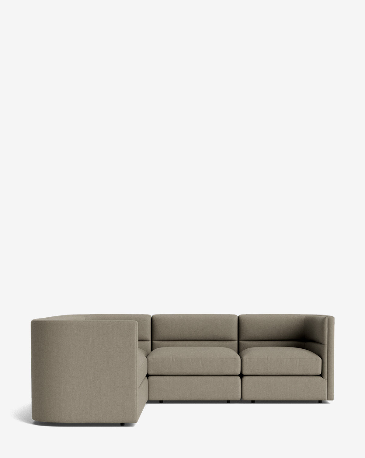 The Claremont Modular L Sectional 99 is a modern, L-shaped sofa in light beige customizable fabric with wide seats, low backrests, and minimalistic lines, shown against a plain white background by McGee & Co.
