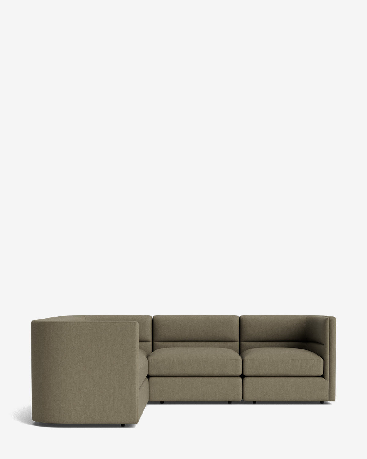 The Claremont Modular L Sectional 99 in olive green features clean, modern lines and low, wide armrests. Shown against a white background, this customizable fabric sectional provides a blend of comfort and style by McGee & Co.