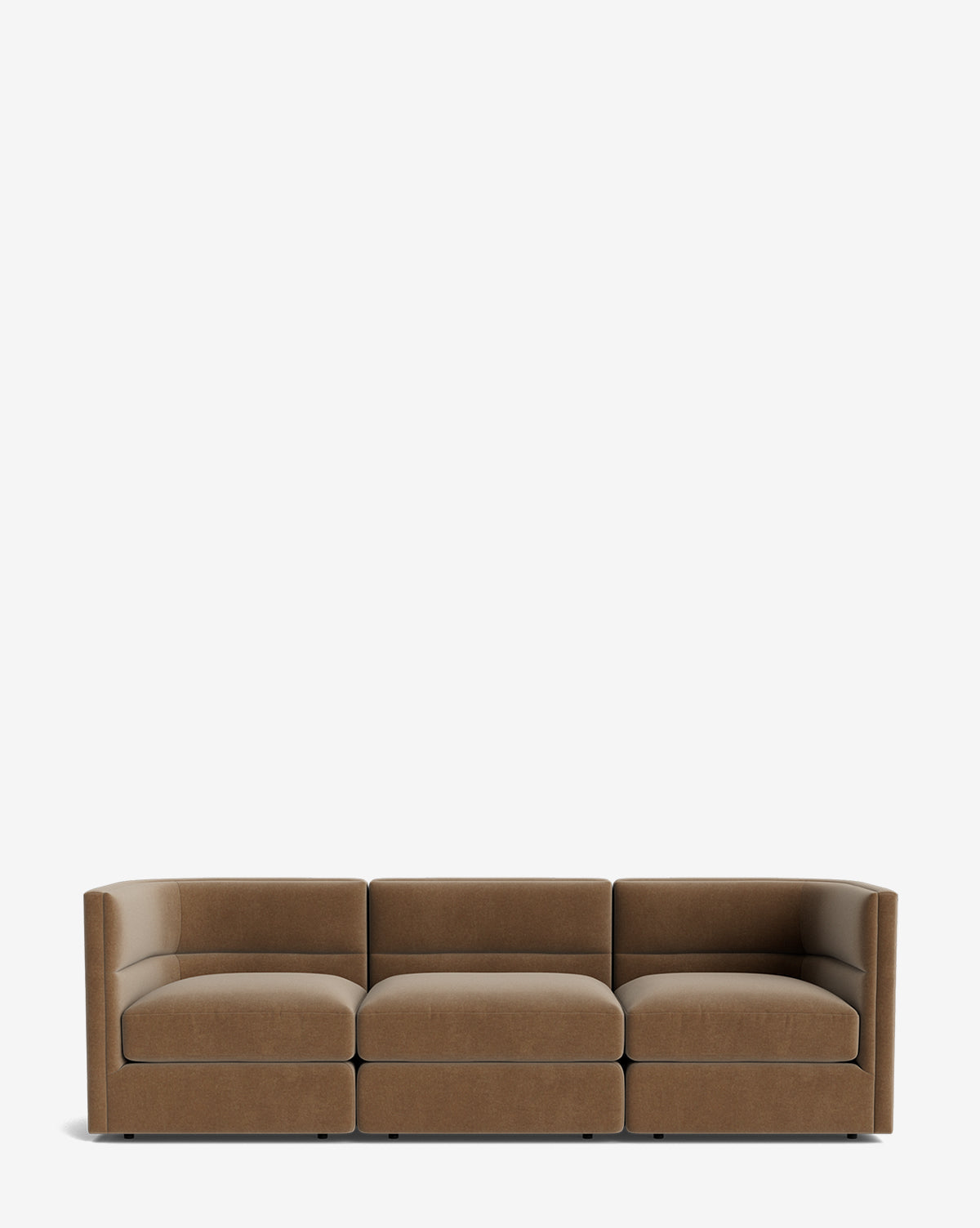 The Claremont Modular Sofa 99 is a modern, low-profile three-seater in brown with clean lines and thick cushions for luxurious comfort, shown against a plain white background by McGee & Co.