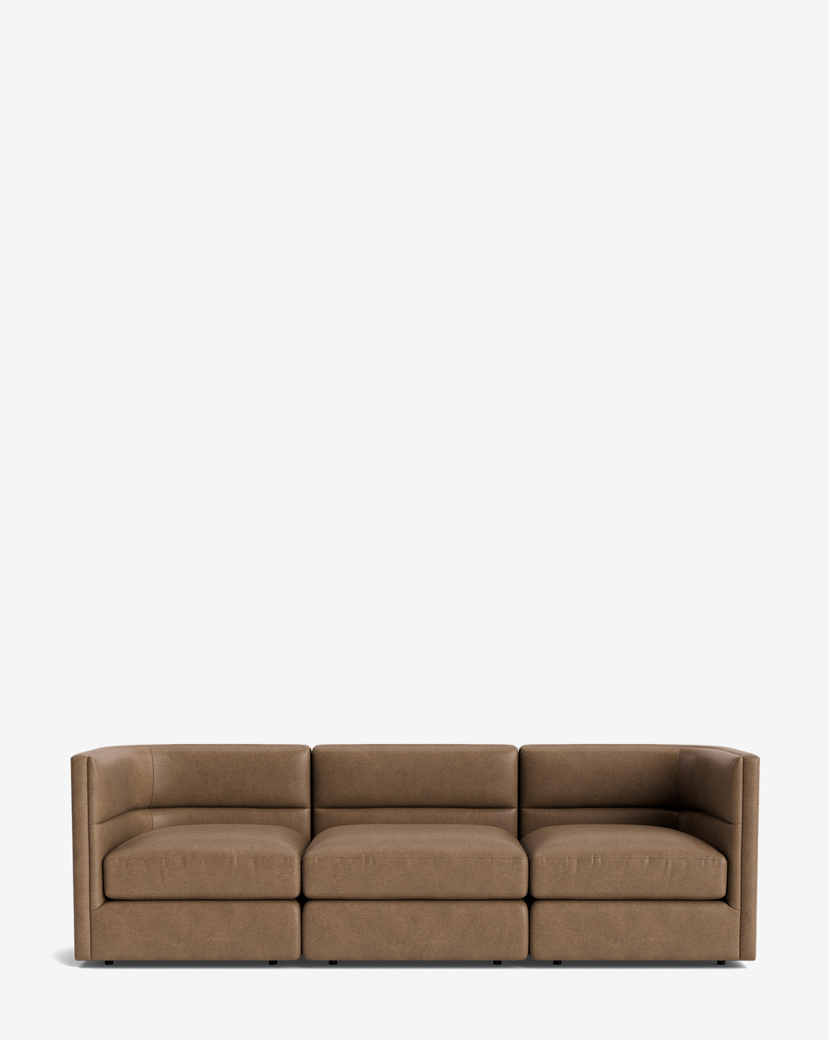 The Claremont Modular Sofa 99 is a modern, low-profile three-seater in brown leather with wide arms and minimalist design, offering luxurious comfort against a plain white background by McGee & Co.