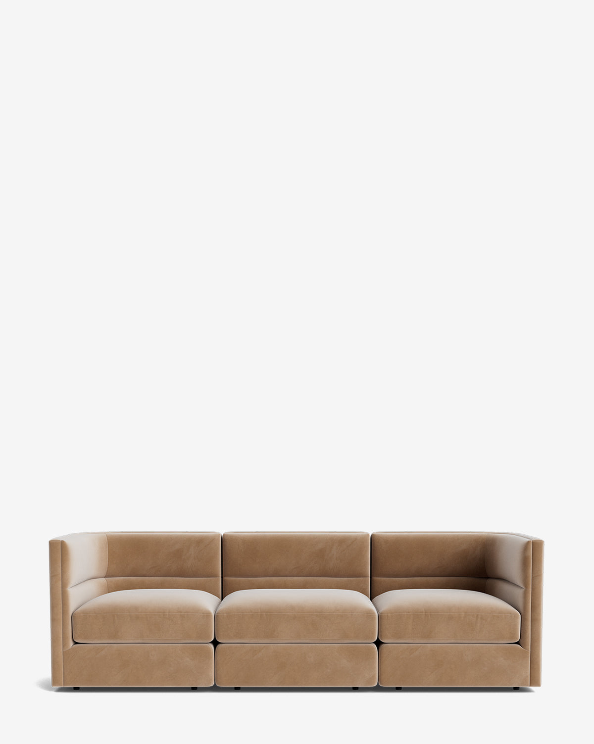 The Claremont Modular Sofa 99 is a modern three-seat tan leather sofa with boxy arms and plush cushions, offering luxurious comfort and displayed against a plain white background by McGee & Co.