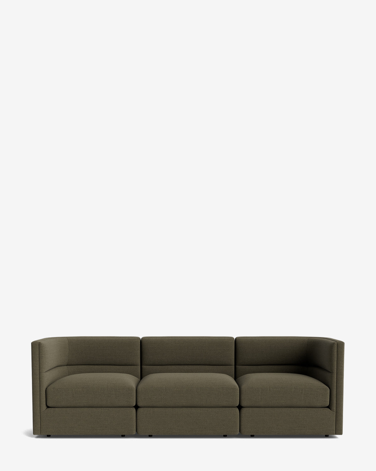 The Makerspalm Claremont Modular Sofa 99 features low, square armrests and dark olive-green upholstery, offering a modern vintage-inspired look against a plain white background. McGee & Co.