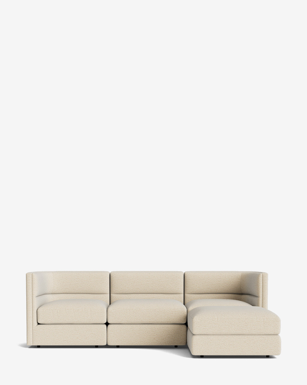The Makerspalm Claremont Modular Sofa with Ottoman 99 features a modern, low-profile beige design with three seats and a right-side chaise, shown against a plain white background, by McGee & Co.