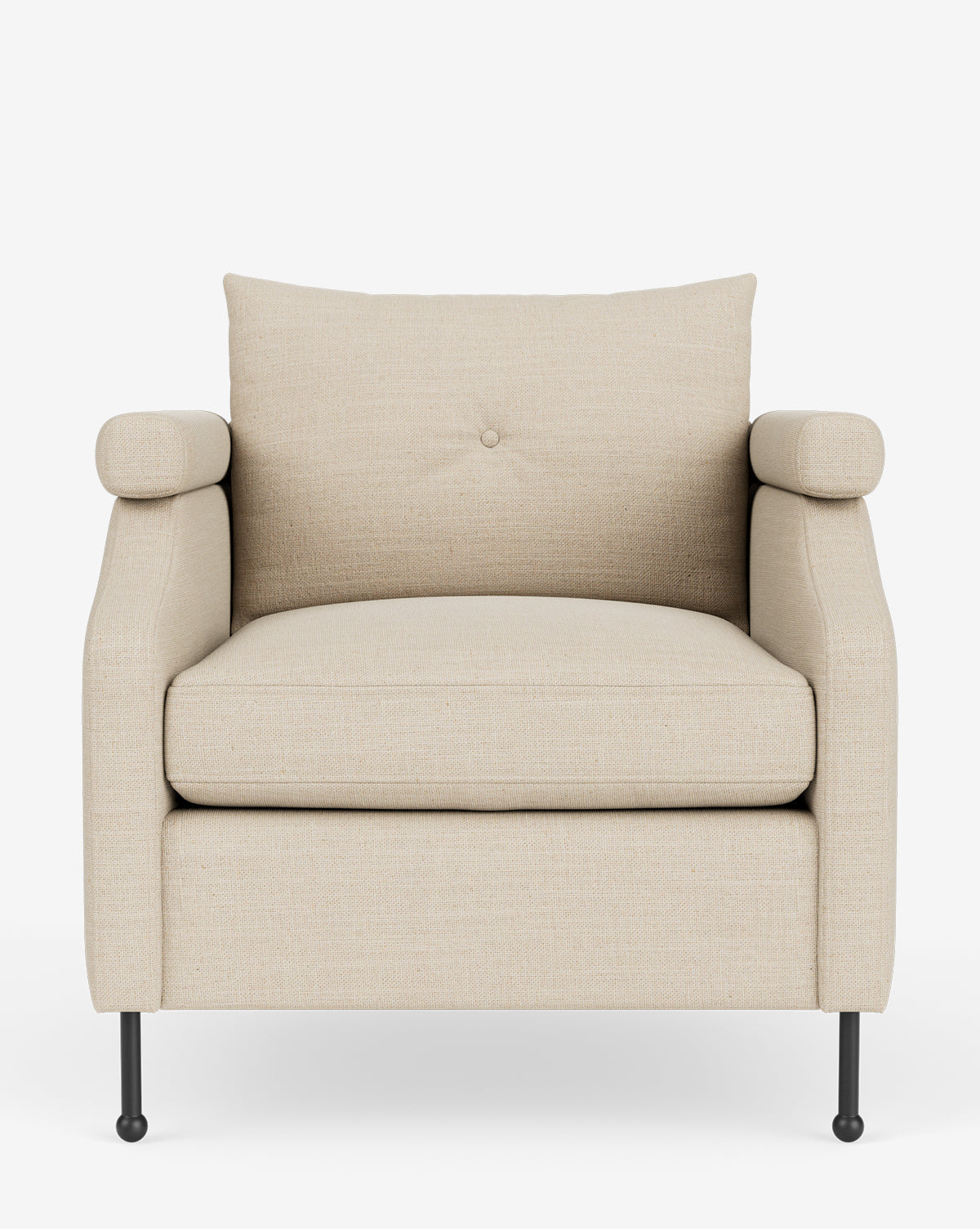 The Clegg Lounge Chair combines vintage style with beige cotton velvet upholstery, a button-tufted back, two cylindrical side cushions, and black metal legs, shown against a white background by McGee & Co.
