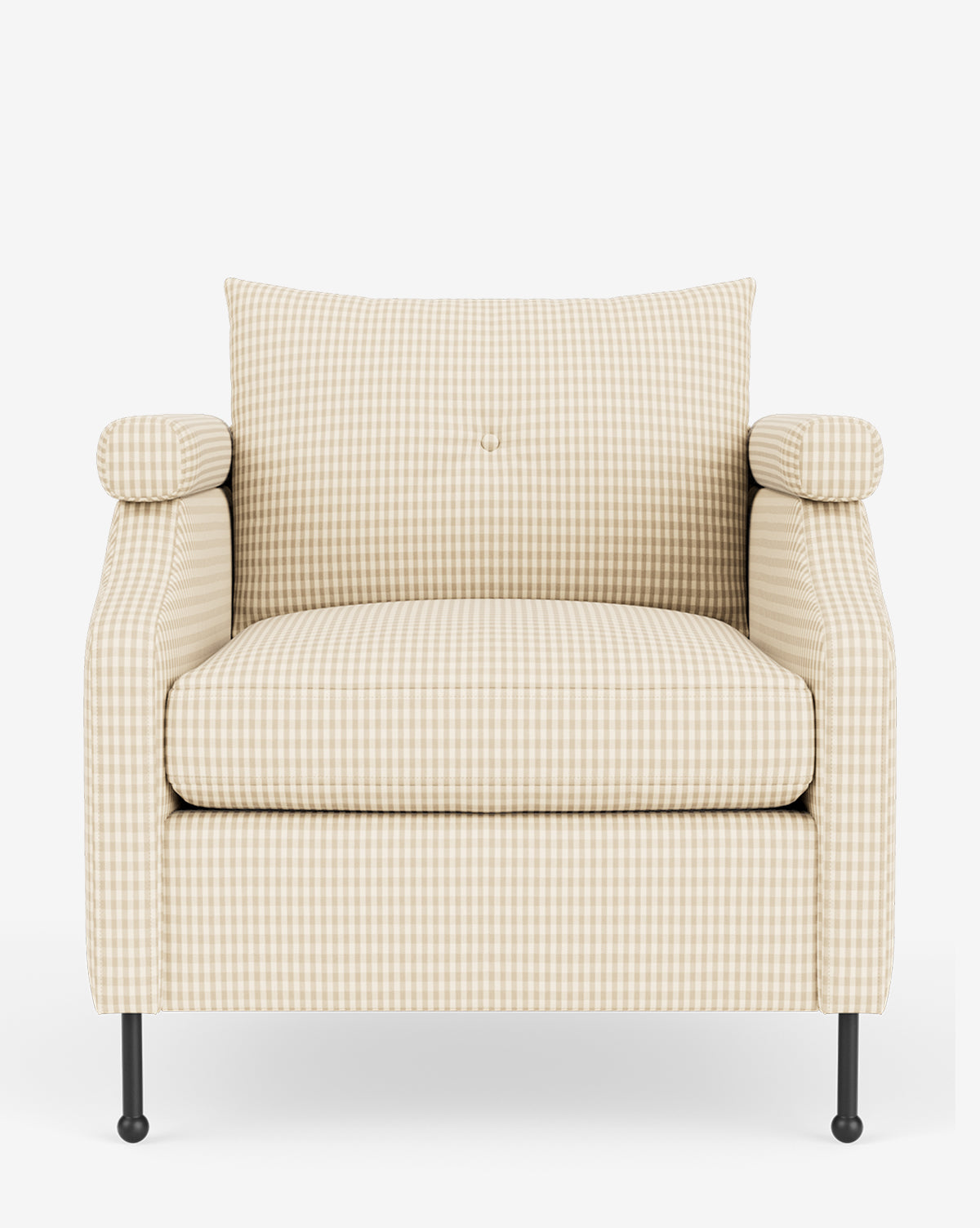 The Clegg Lounge Chair features light beige and white gingham cotton velvet upholstery, a back cushion, two cylindrical armrest pillows, and slim black metal legs, by McGee & Co. Shown photographed against a white background.