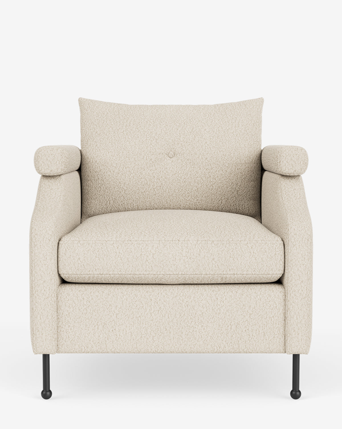 The Clegg Lounge Chair features cream cotton velvet upholstery, a square backrest, rounded armrests, and slim black metal legs in a modern vintage-inspired design, shown from the front against a white background by McGee & Co.