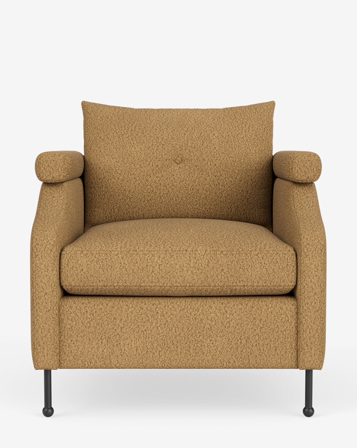 The Clegg Lounge Chair is shown from the front on a plain white background, highlighting its light brown cotton velvet upholstery, rounded armrests, and slim black legs for a vintage-inspired style by McGee & Co.