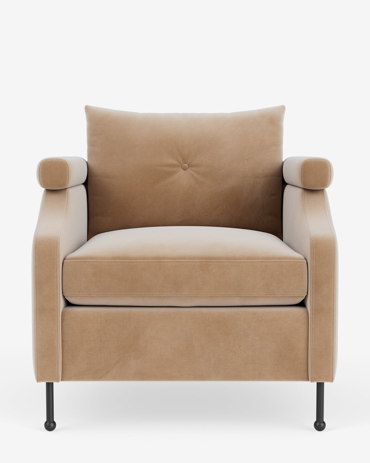 The Clegg Lounge Chair is a modern beige seat with cotton velvet upholstery, single seat cushion, button-tufted back, round bolster pillows on each side, and slim black metal legs—vintage-inspired against a plain white background by McGee & Co.