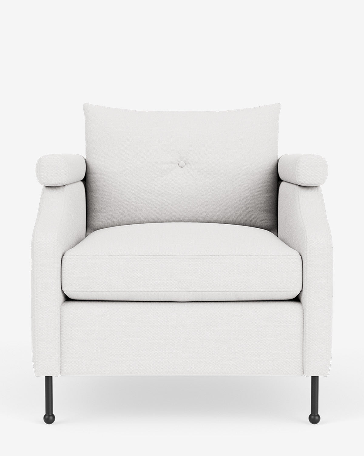The Clegg Lounge Chair has a wide cushioned seat, rounded armrests, slim black legs, and is upholstered in light cotton velvet. Its minimalist design with a single button tuft on the backrest gives it vintage appeal by McGee & Co.