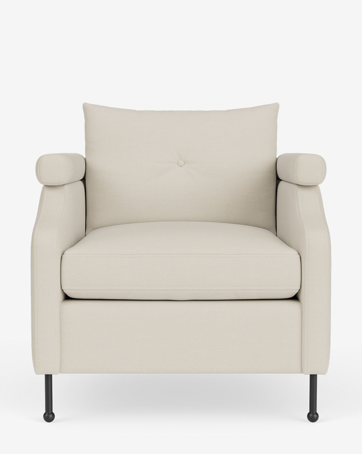 The Clegg Lounge Chair, shown against a white background, features light beige cotton velvet upholstery with a cushioned seat, single back cushion, two cylindrical armrest pillows, and slender black legs by McGee & Co.