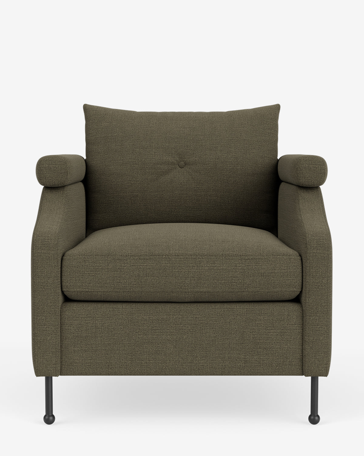 The Clegg Lounge Chair blends modern style with vintage flair, upholstered in olive green cotton velvet, featuring a wide seat, single button-detailed back cushion, cylindrical armrests, and black metal legs on a white background by McGee & Co.