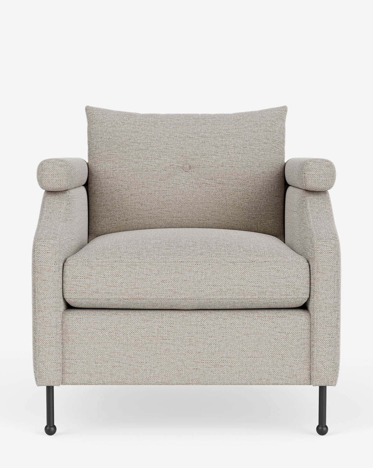 The Clegg Lounge Chair features vintage-inspired design, light beige cotton velvet upholstery, a wide cushioned seat, square backrest, rounded armrests, and slim black metal legs. Shown front-facing against a white background by McGee & Co.