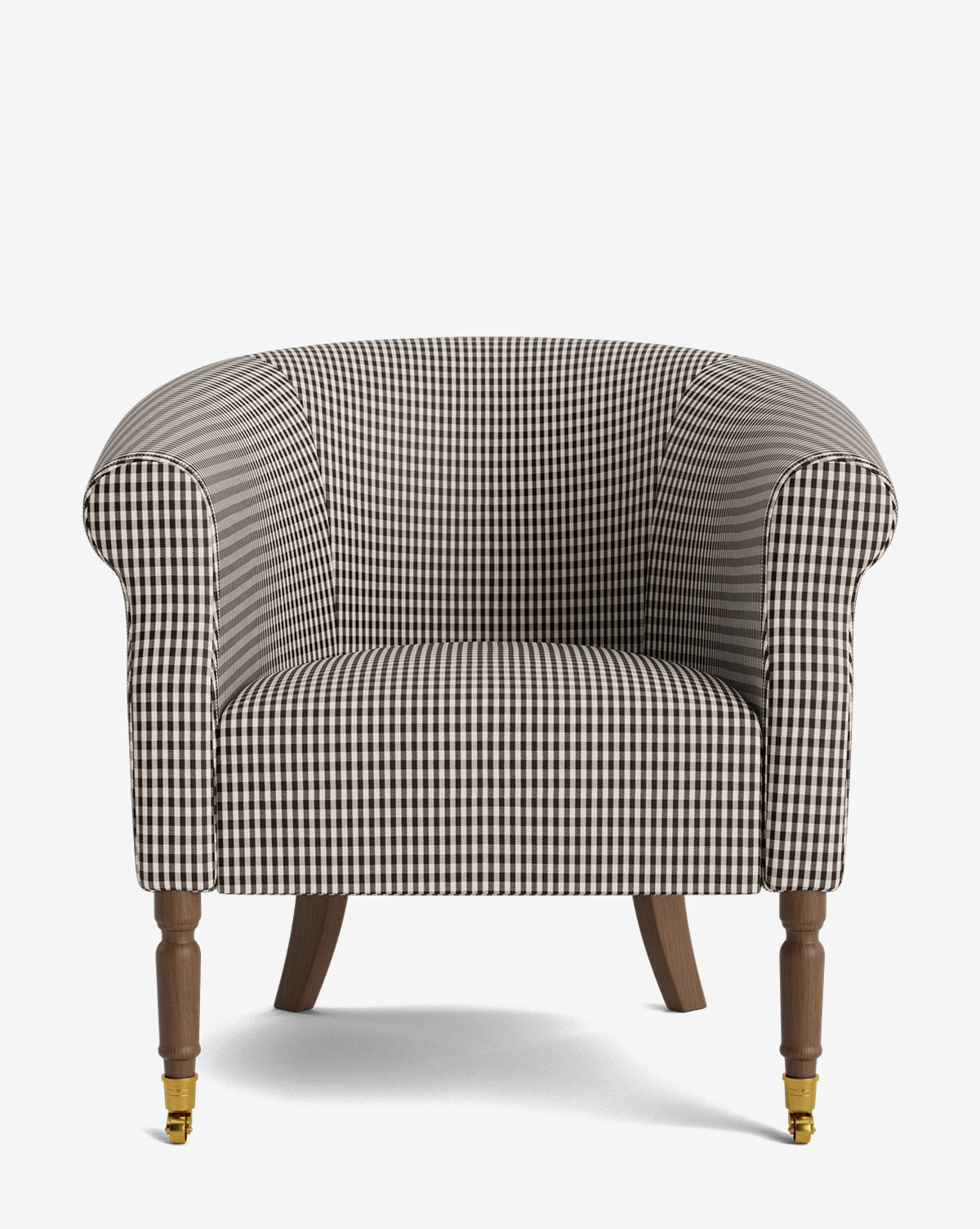 The Clemence Lounge Chair features barrel-style seating, black and white checkered designer fabric, wooden legs, and brass front casters, shown from the front against a white background by McGee & Co.