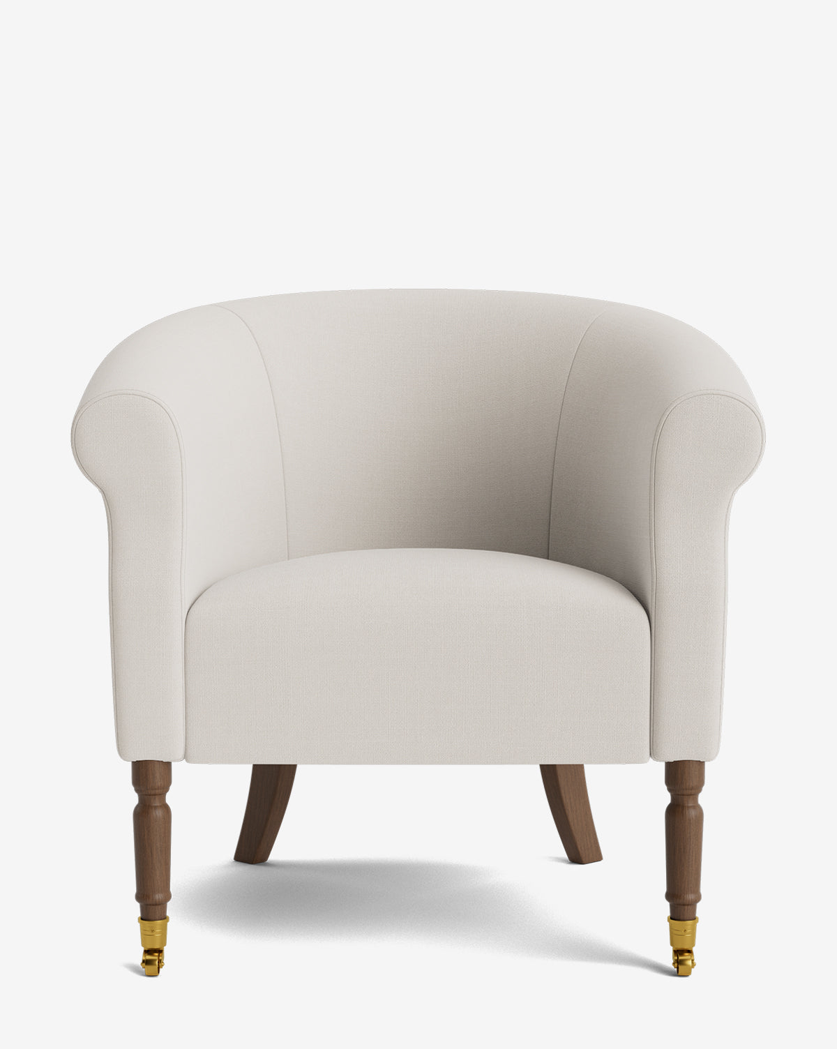 The Clemence Lounge Chair features cream upholstery, rolled arms, wooden legs, and front brass caster wheels—shown against a white background—for a timeless addition to your living room, by McGee & Co.