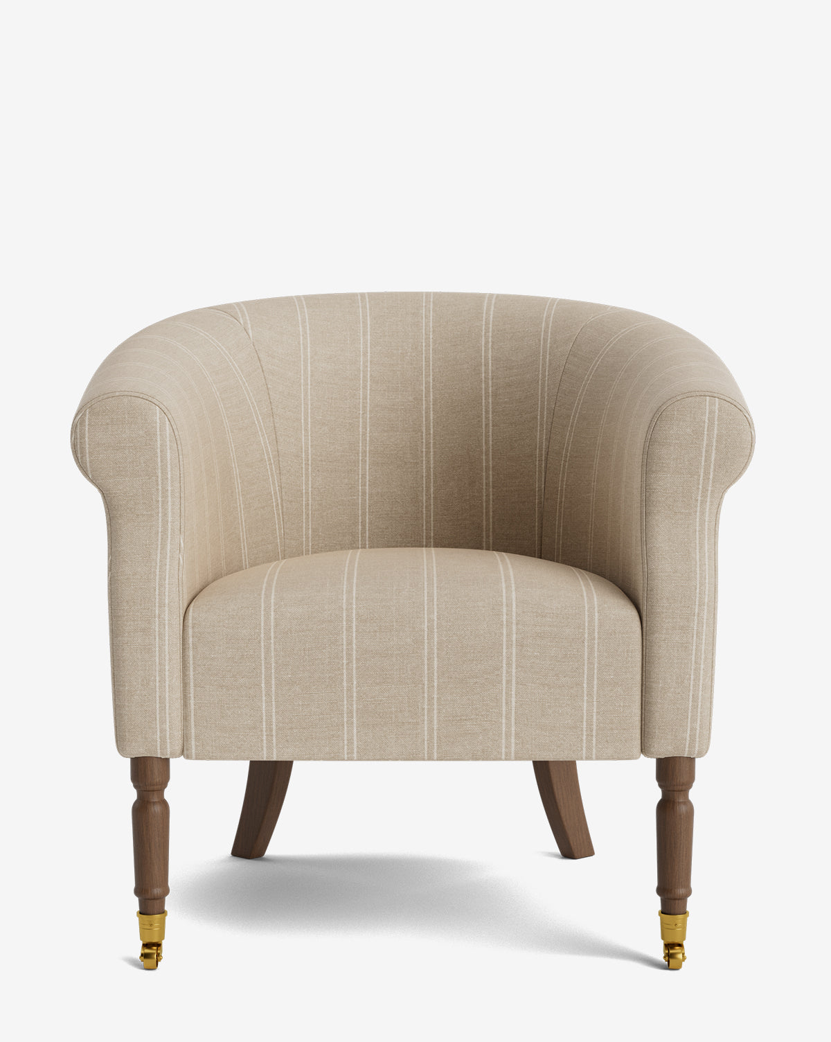 The Clemence Lounge Chair is a beige, barrel-shaped lounge chair with vertical white stripes, wooden legs, front brass caster wheels, and designer fabric upholstery, shown from the front on a white background by McGee & Co.