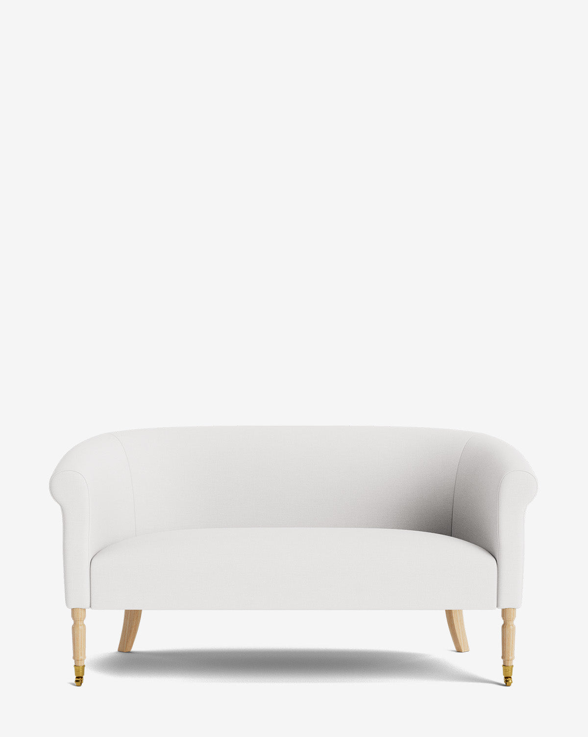 The Clemence Settee 60 features white designer fabric upholstery, curved arms, and light wooden legs, by McGee & Co. Shown from the front against a plain white background, it’s an elegant choice for enhancing any living space.