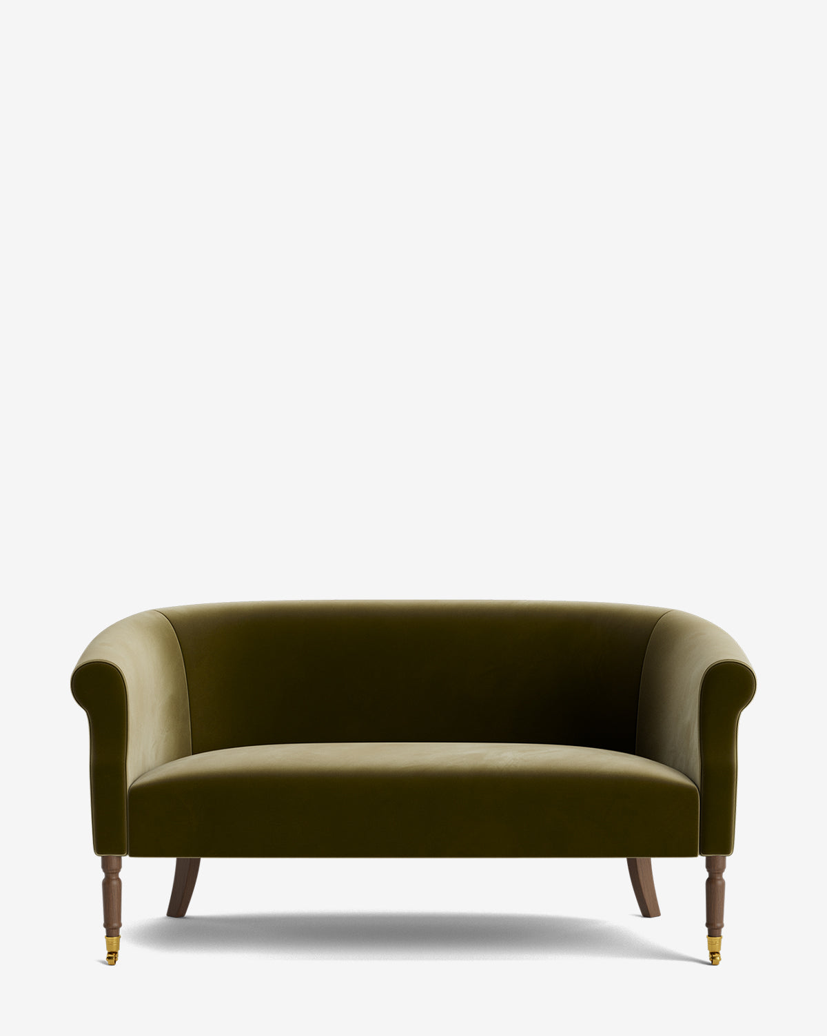 The Clemence Settee 60 features modern olive green velvet upholstery, rounded arms and back, wooden legs, and brass caster wheels on the front legs—an elegant addition to any living space, shown against a plain white background by McGee & Co.