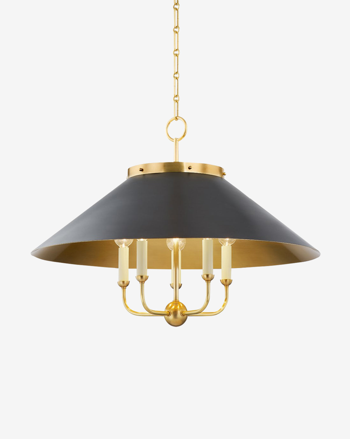 The Clivedon Pendant showcases a gold and black steel shade with four candle-style candelabra bulbs, all suspended from a gold chain, by McGee & Co.