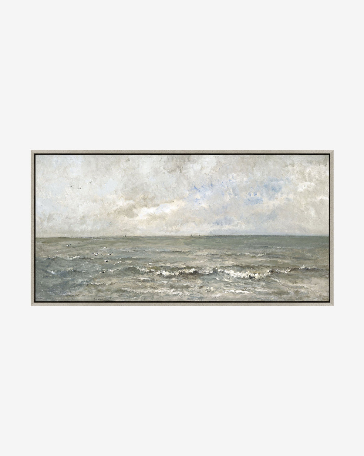 Cloudy Gray Waters depicts a serene, minimalist seascape of calm grayish-blue waters beneath a cloudy sky, featuring gentle waves and a subtle horizon, artfully presented in a wood floater frame, by McGee & Co.